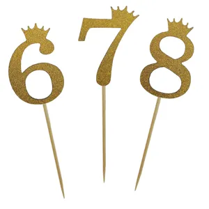 Gold Glitzer Nummer 6 7 8 Tortenaufsätze mit Krone Geburtstag Party Dessert Dekoration