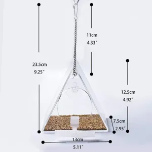 Transparent acrylic bird feeder triangular hanging pet feeding station with metal chain and perch.