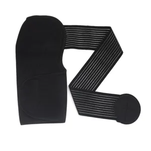 Black single shoulder brace support wrap for sports injury protection and joint relief care.