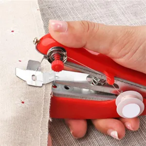 Portable handheld sewing machine for quick clothes repairs, mini manual sewing tool detail view.