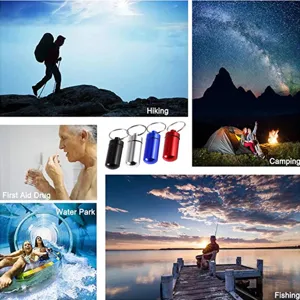 Mini aluminum pill bottle keychain for outdoor hiking, camping, and daily pill storage.