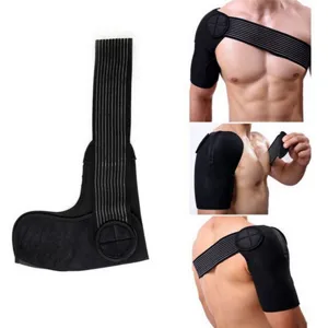 Detail view of black adjustable shoulder support brace with elastic straps for sports protection.