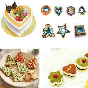 Plastic baking mold set for cakes and cookies, multi-shape cutter tools for kitchen baking.