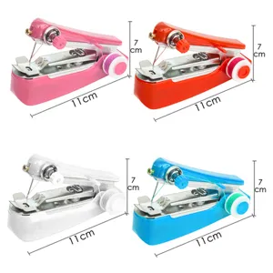 Detailed view of compact handheld sewing machine, portable mini manual stitch tool.