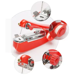 Handheld manual sewing machine detail view showing needle, thread spool and mechanism parts.