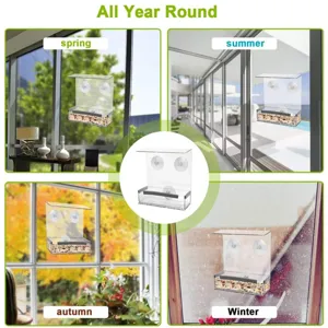 Transparent acrylic window bird feeder with strong suction cups for outdoor wild birds.