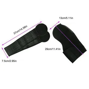 Detailed view of black sports shoulder brace with dimension markings and elastic straps.