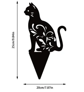 Black cat garden stake detail showing hollow floral pattern and clear dimension measurements.