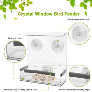 Crystal window bird feeder clear acrylic with strong suction cups and removable tray for garden.