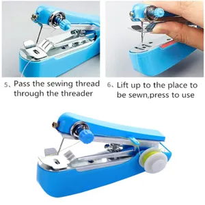 Portable handheld sewing machine detail view, showing operation steps and compact body.