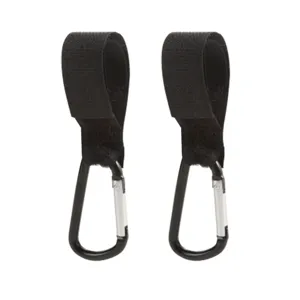 Pair of black pushchair stroller hooks with strong velcro straps and durable carabiner clips.