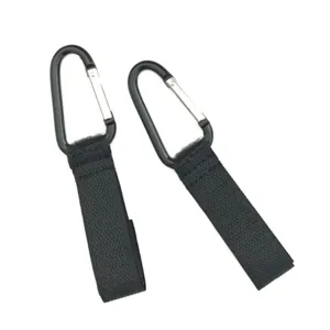 Universal stroller hooks with durable velcro straps and metal carabiners for pushchairs.