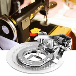 Detail shot of the metal circular sewing machine presser foot attachment for creative stitching.
