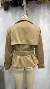 Women short khaki trench coat with belt lapel double breasted casual stylish outwear.