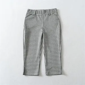 Black and white checkered cropped pants for women, high waist slim fit casual trousers with slit.