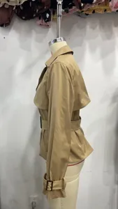 Women short trench coat casual lapel double breasted jacket with belt khaki outdoor wear