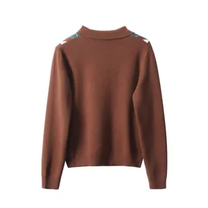 Brown knit sweater back detail, stylish lapel design, comfortable casual women's top.