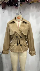 Classic women's short double-breasted trench coat with belt, stylish casual outerwear for autumn.