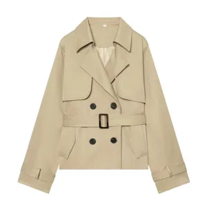 Women short khaki trench coat with double breasted lapel and belt stylish outerwear.