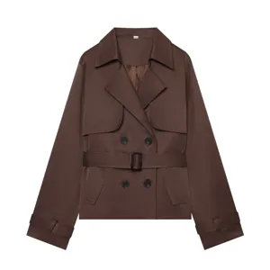 Women stylish short double breasted trench coat with belt brown autumn casual outerwear fashion