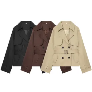 Women short trench coat double-breasted lapel utility jacket fashion outerwear new style