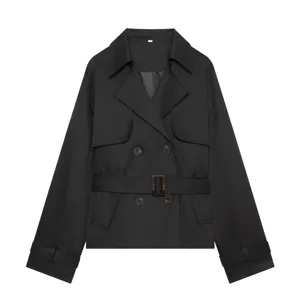 Short black double-breasted trench coat for women with lapel collar and waist belt.