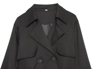 Women fashion black double breasted lapel trench coat jacket apparel detail showcase