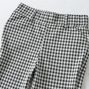 Black and white gingham plaid slim capri pants main product view displaying waist and fabric.