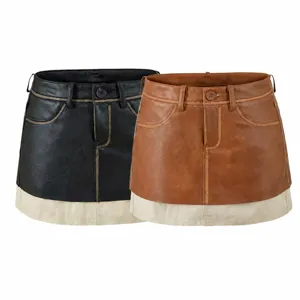 Women Sexy PU Leather Colorblock Bodycon Short Skirt Vintage Waist Patchwork Mini Skirt Summer Streetwear Clubwear