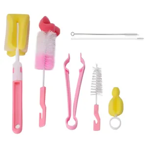Baby bottle brush 7-piece set detail view, cleaning sponge bristle and straw tool
