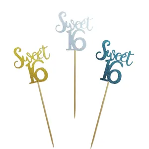 Glitter sweet 16 cake topper set with wooden sticks for birthday party dessert decor