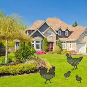 Metal chicken yard art stakes, hollow silhouette lawn ornaments for outdoor garden decor.