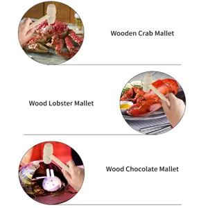 Mini wooden mallet detail showcasing usage for cracking crab, lobster and chocolate shells easily.