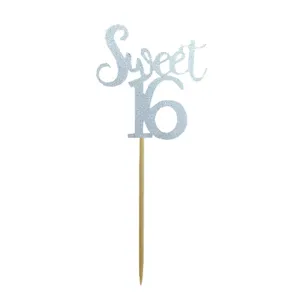 Silver glitter Sweet 16 cake topper detail view, perfect for birthday party dessert decor.