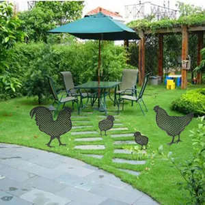 Creative metal chicken yard art stakes for outdoor garden, lawn and yard decoration set.
