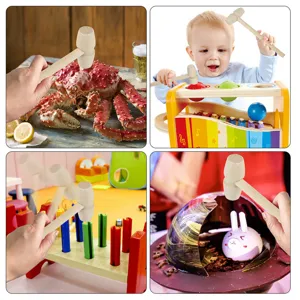 Mini wooden mallet tool for cracking crab toy pounding and chocolate cake details view.