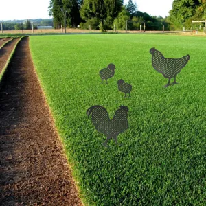 Metal chicken yard art stakes detail view, black silhouette animal garden decor lawn ornaments.