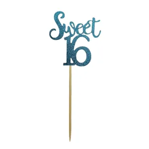 Blue glitter Sweet 16 cake topper with wooden stick for birthday party dessert decor close up