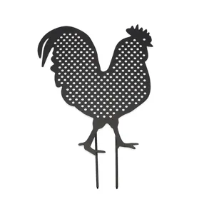 Metal rooster garden stake with dotted cutout design, perfect for lawn and yard art.