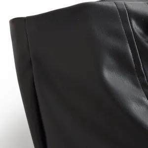 High waist black leather shorts with fine stitching detail, fashionable European style apparel.