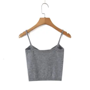 Gray knit camisole detail shot, U-neck sleeveless crop top, versatile summer fashion basic piece.