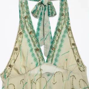 Green tie-dye halter neck backless top with gold sequin embroidery for women summer.