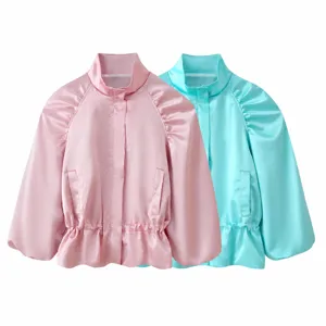 Damen Casual Stehkragen Einifarbig Gerüscht Langarm Jacke Mode Chic Reißverschluss Oberbekleidung
