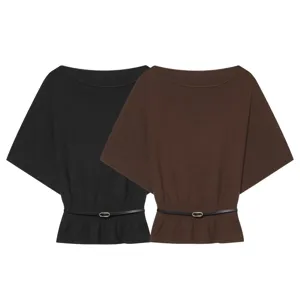 Detailed view of women's knit top featuring elegant boat neck, batwing sleeves and sleek waist belt.