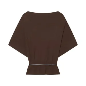Women solid knit top elegant batwing sleeve casual sweater with stylish waist belt
