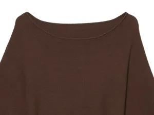 Close-up detail of women's solid brown boat neck knit top, elegant autumn clothing.