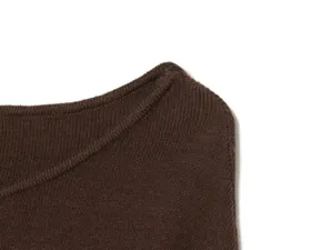 Detailed shot of a solid brown knit top collar, featuring delicate knit texture and sleek design.