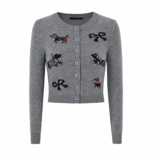 Grey knit cardigan with crew neck, button front and playful intarsia patterns for women.