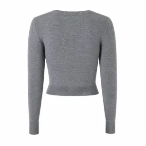 Detailed close-up view of the grey knit cardigan back, showing ribbed collar and cuffs neatly.