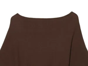 Close-up detail of the elegant boat neckline on a solid dark brown knit sweater top.